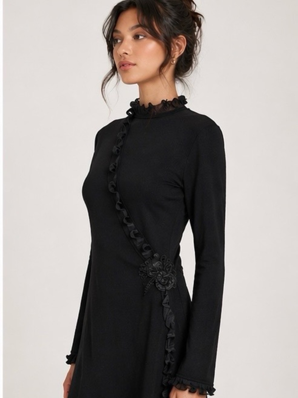 Emanuel Ungaro Parallele Sweater Dress S Black Ruffle Mini Wrap Goth Luxury